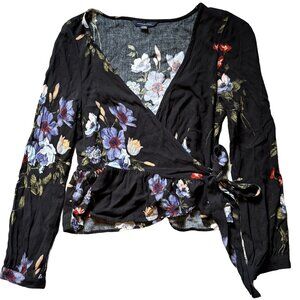 American Eagle Black Floral Wrap Blouse - Size Small